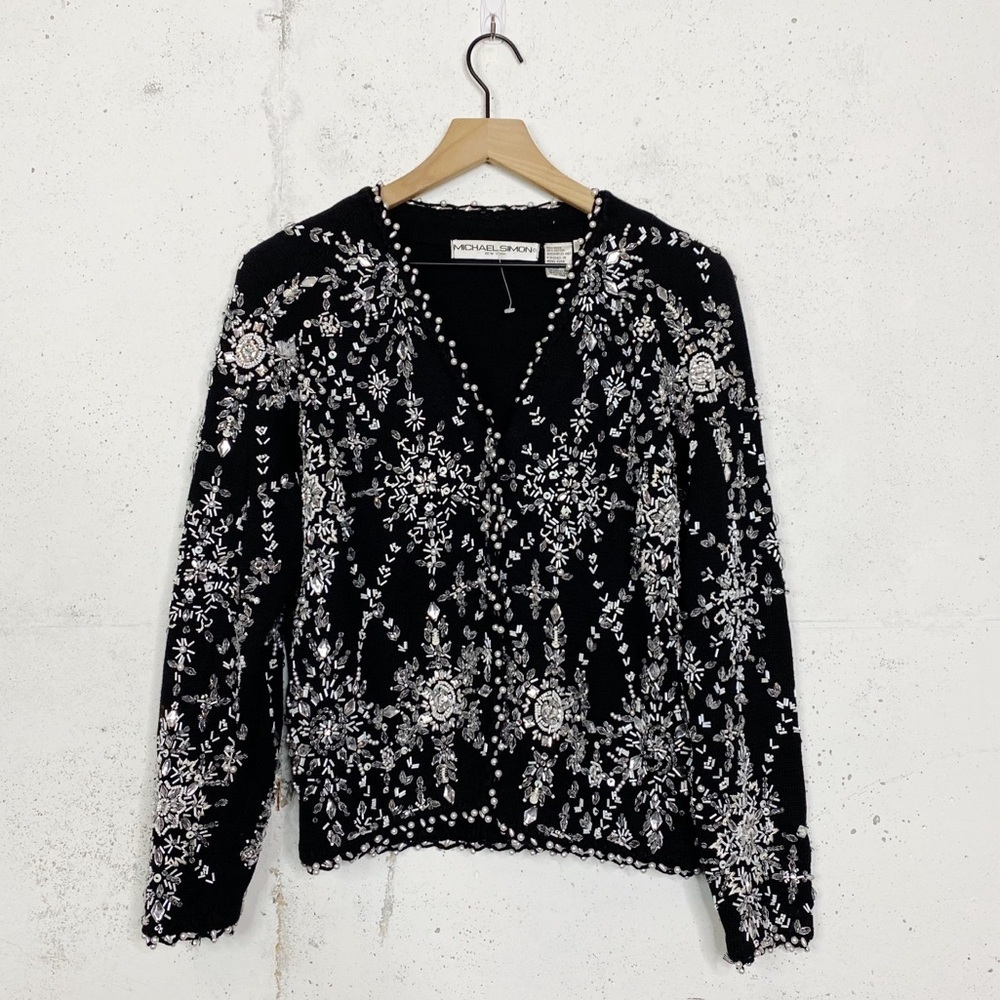 Michael Simon New York Jeweled Bedazzled Snowflake Winter Wonderland Cardigan